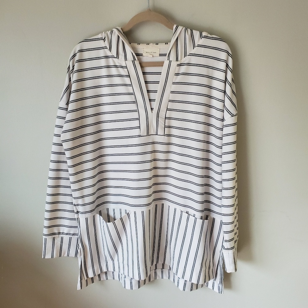 Mello Day Striped Hood Pullover Sweater w/ Pockets